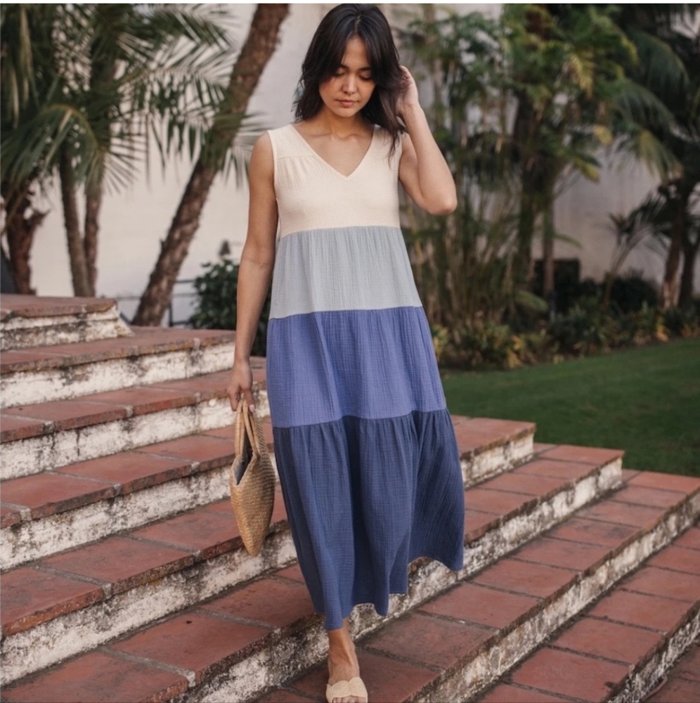 Marine Layer Corrine Maxi Dress Blue Colorblock Long Gauzy Dress Size XS